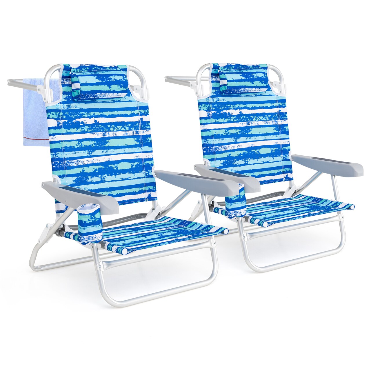 Set of 2 Blue Metal Aluminum Oxford Fabric Lay-Flat Beach Chair with Cup Holder